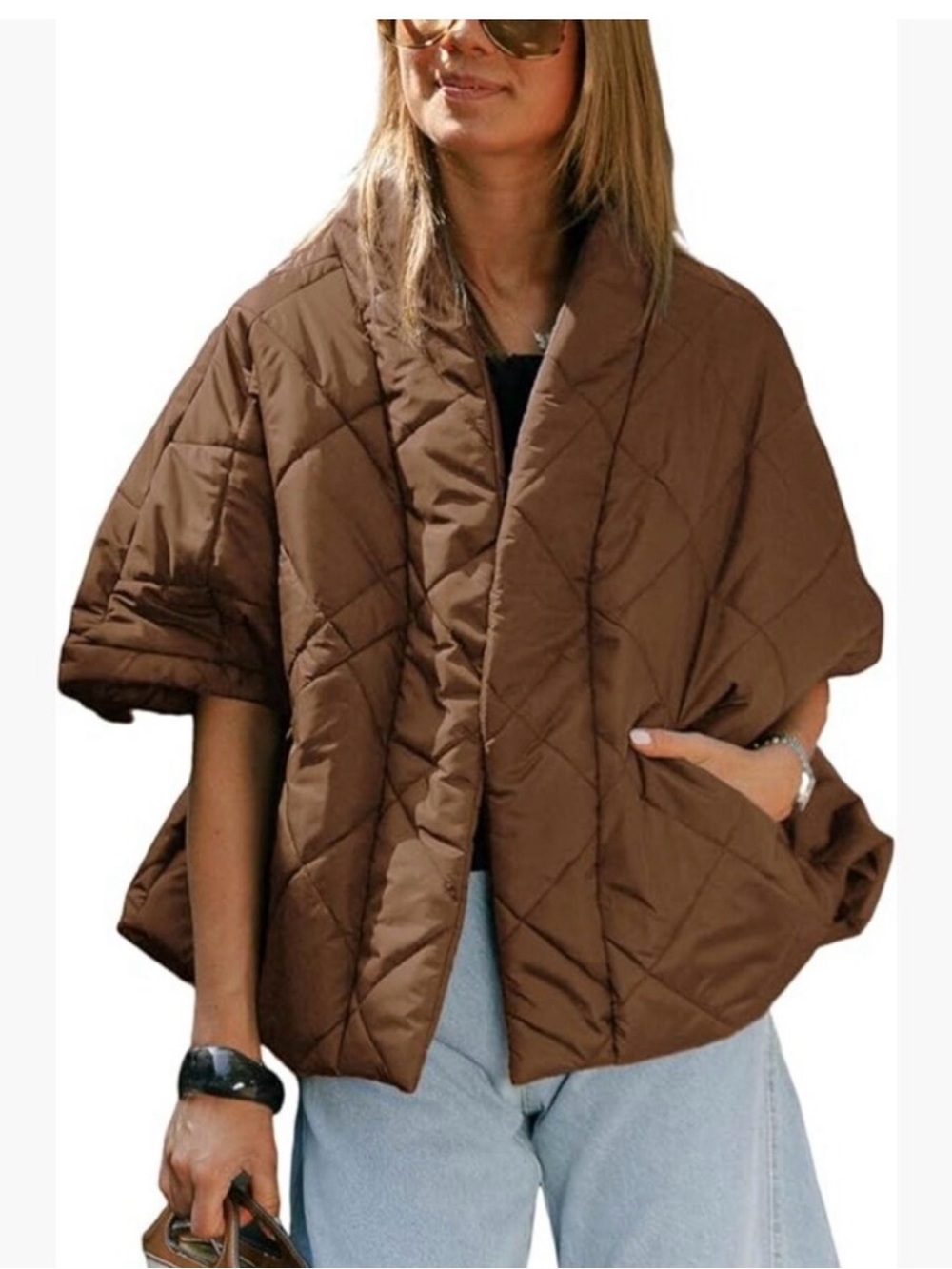 Women's Short Quilted Puffer Jacket in Rich Brown Oversized